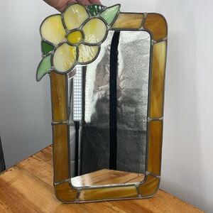 Vintage Stained Glass Yellow Flower Tiffany Style Floral Mirror – 10.5” x 16”
